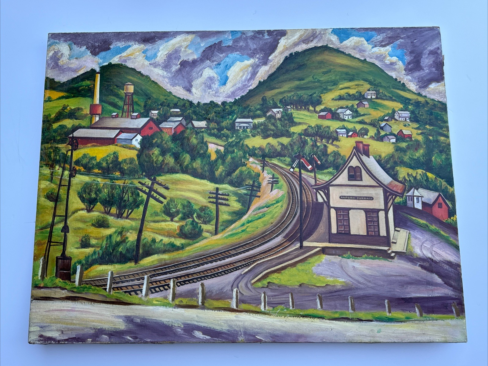 Jo Cain Painting Antique Large Train Station Industrial Regionalism Wpa Famous