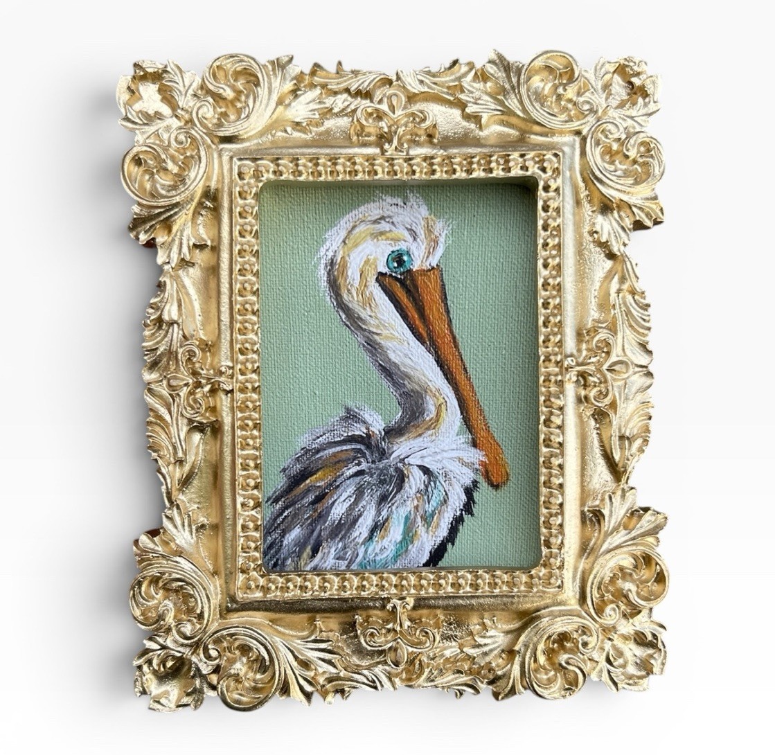Pelican mini bird watercolor print of original painting • vintage ornate frame