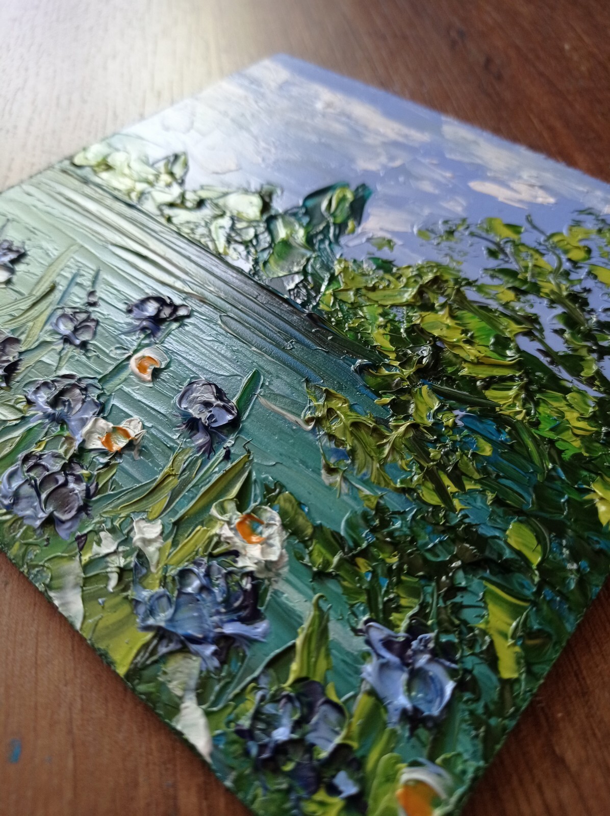 Cornflowers Sunset River Original Oil Painting Flowers Landscape Art size 6 x 6″
