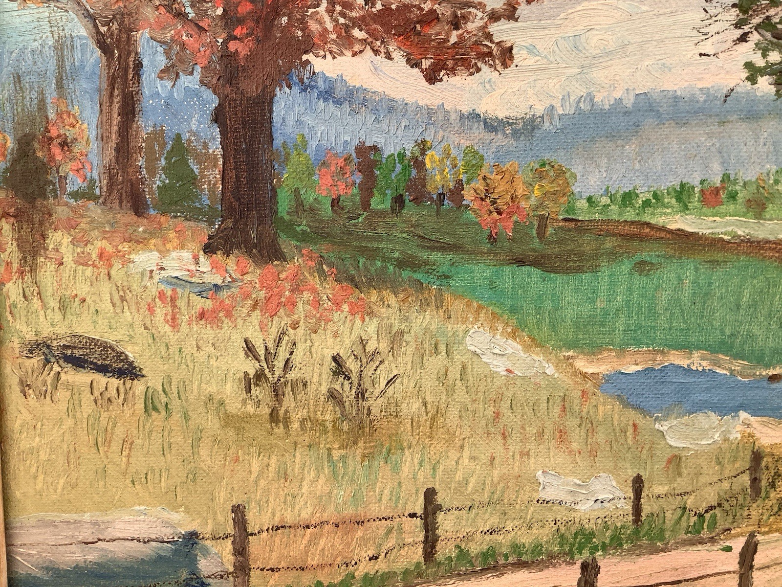 Vintage Fall Landscape Original Oil Painting Vibrant Wood Frame Artist Signed