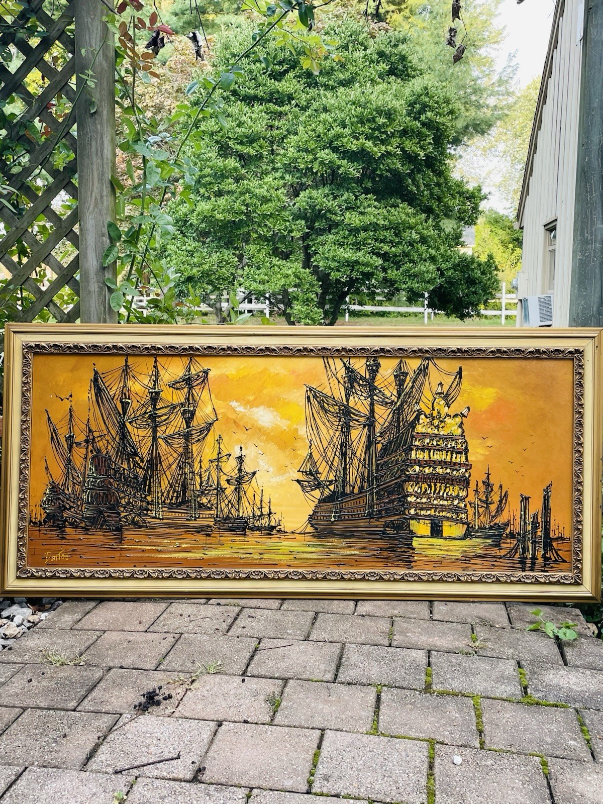 Stunning HUGE Original VTN Painting 30”X65” Wood Framed-Sail Ships-battleships!