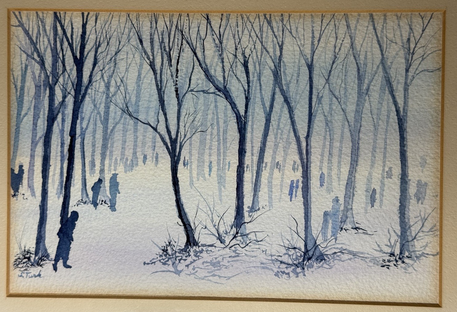 Original Watercolor Painting People Figures Walking in a Forest Signed S. Turk