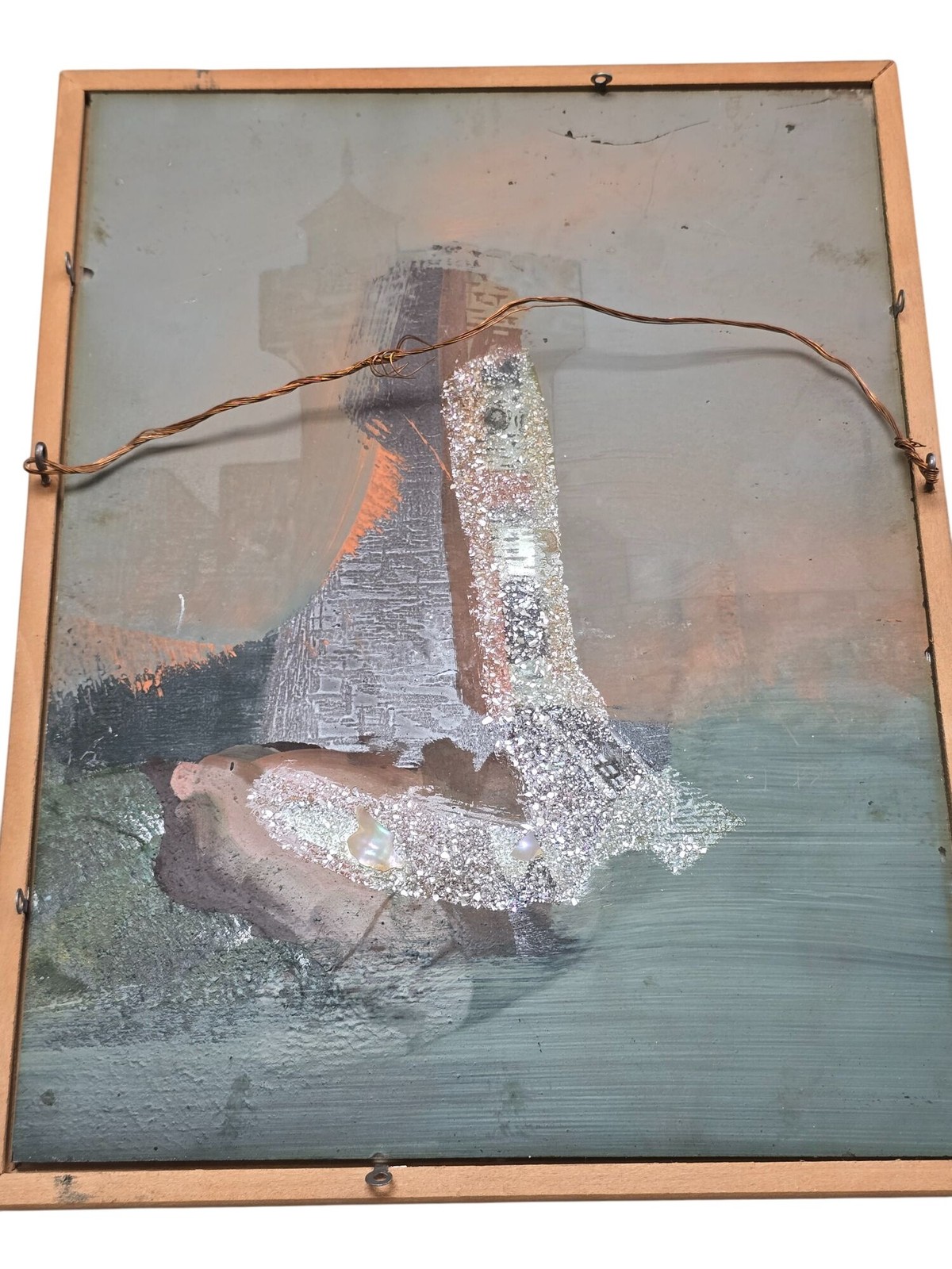 Vintage Castle Tower Reverse Oil Painting on Glass in Wood Frame