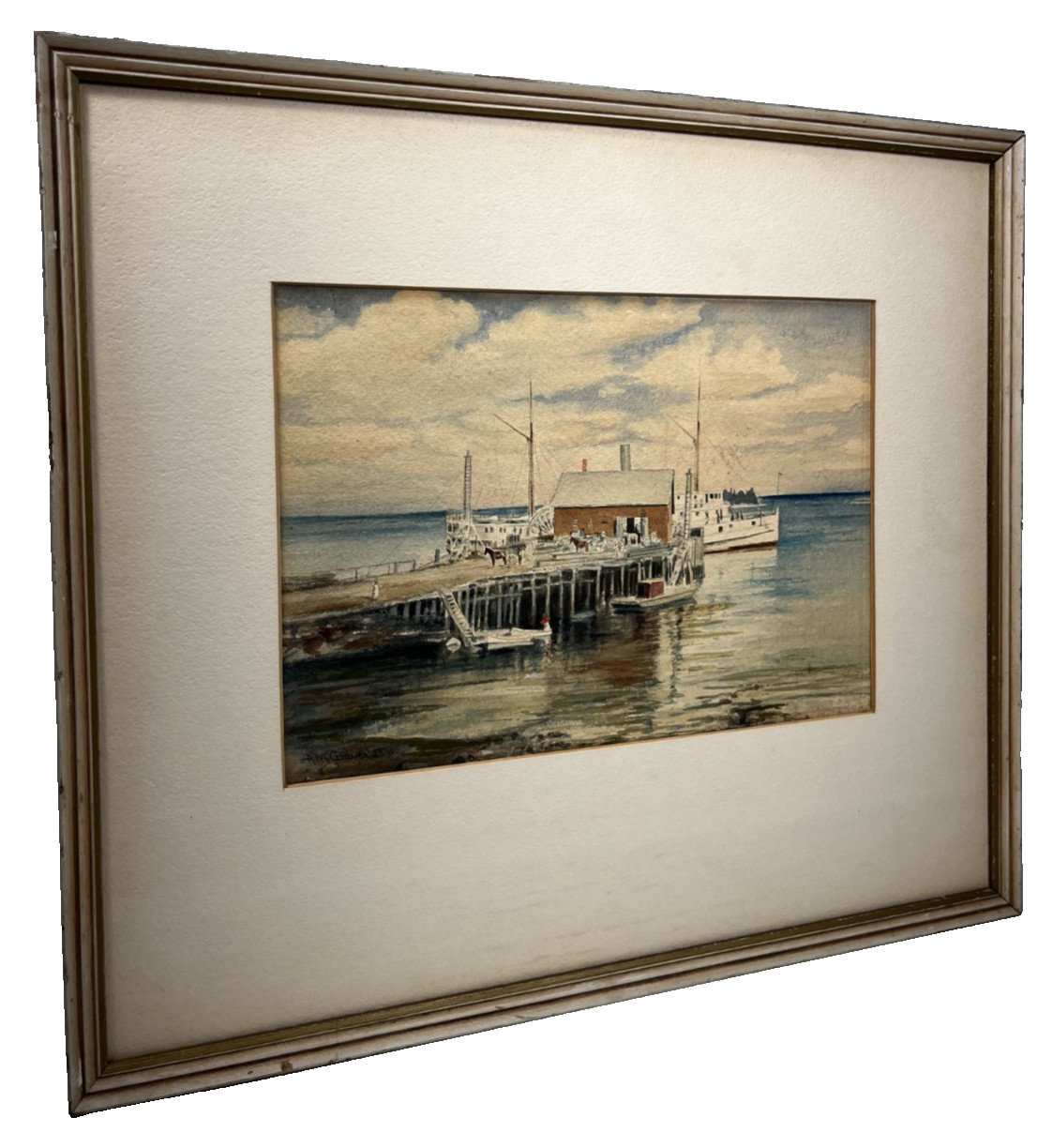 ALBERT GRAVES DATED 1891 MASSACHUSETTS HARBOR STEAMBOAT HORSES ANTIQUE PAINTING