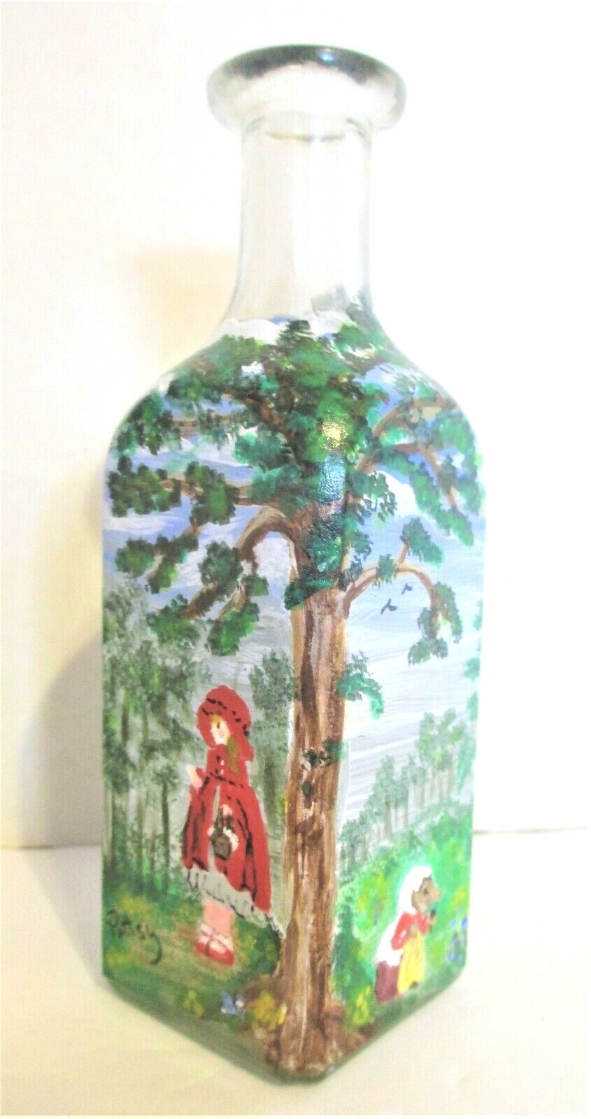 UNIQUE Handpainted Artist Signed Square 5″ GLASS BOTTLE Red Riding Hood Scenes