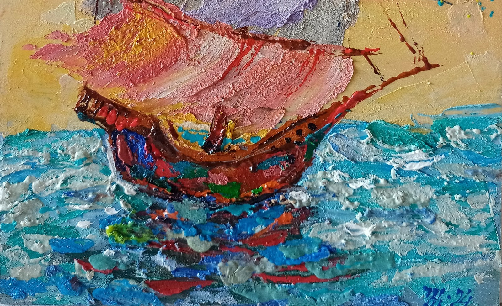Sailboat Impasto Painting Original Art Impression Oil Painting 7.8 x 7.8 in