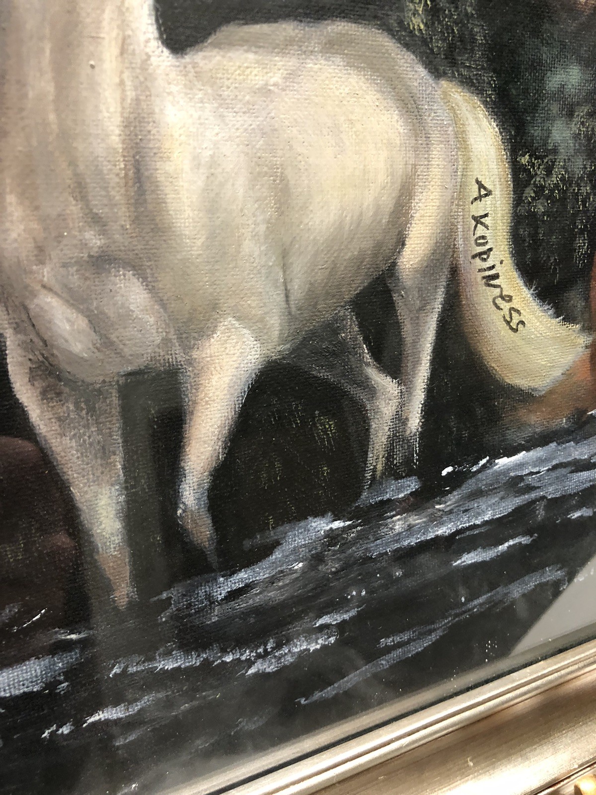 VTG Original Signed Oil On Canvas Painting Two Horses Wading In Water Framed 17”