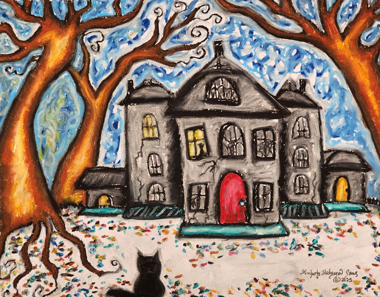 Gothic Haunted House Original 11×14 Pastel Painting Halloween Black Cat Winter
