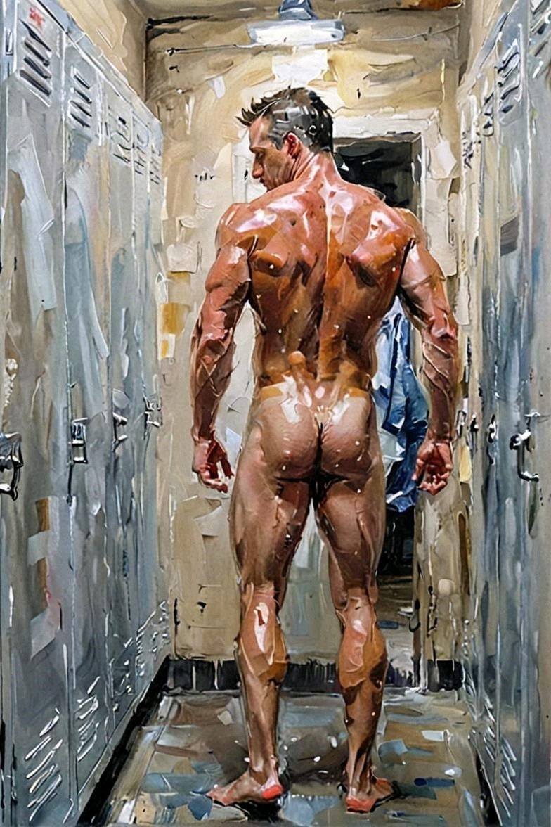 Original gay LGBTQ art giclée painting «After The Workout – Are You Coming?»