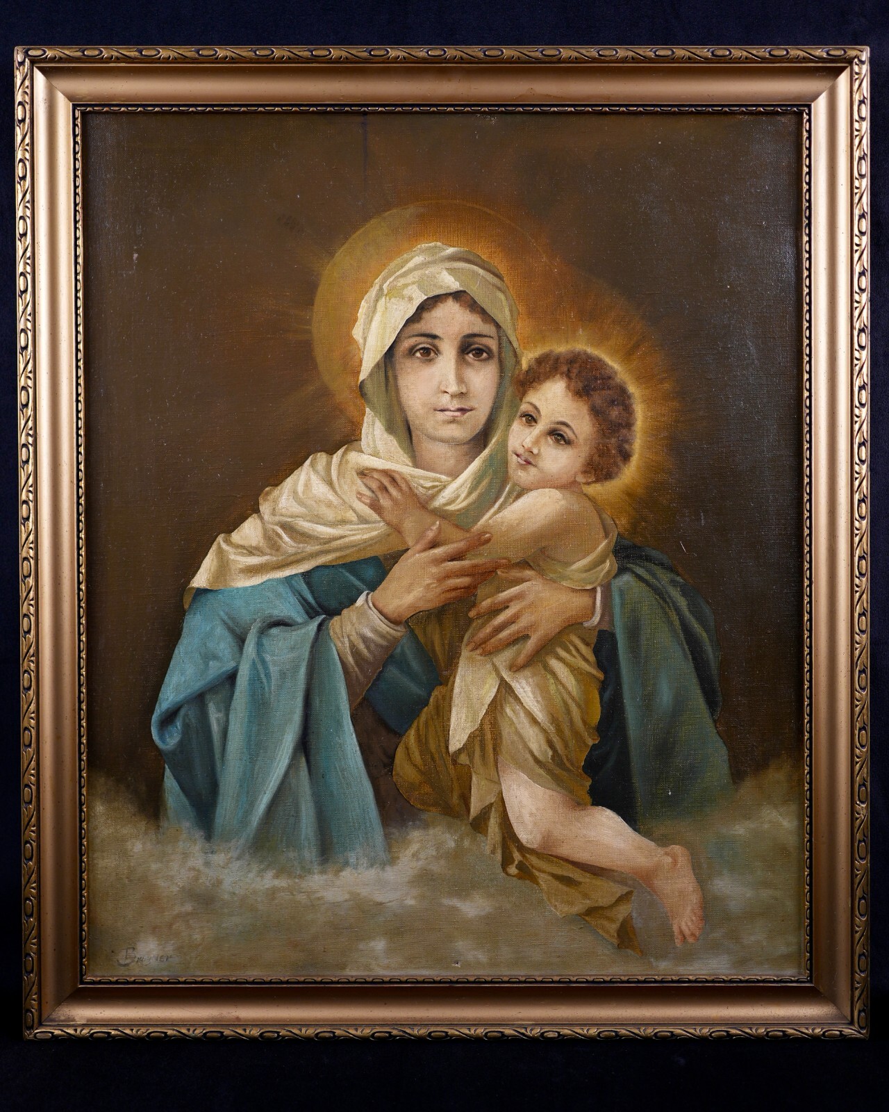 Antique Framed Oil on Canvas «Refuge of Sinners Madonna» After Luigi Crosio