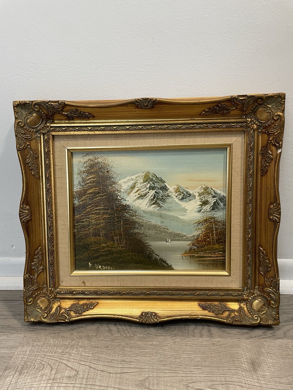 Vintage Framed Oil Painting Mountain Lake Signed R Brown 13×15 Gold Frame Cabin
