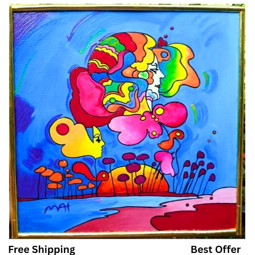 PETER MAX Flower Faces signed Art UV Radiant Acrylic Canvas Hand Paint Frame NEW
