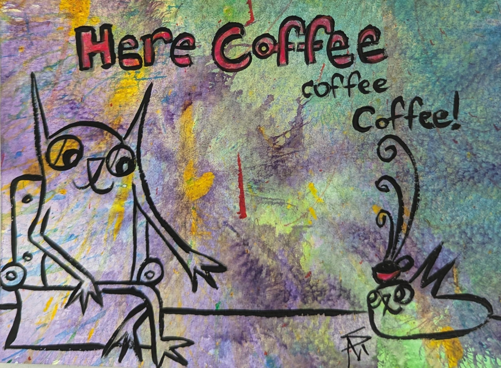Cat Painting Original Collectible Modern Coffee Folk Art By Samantha McLean