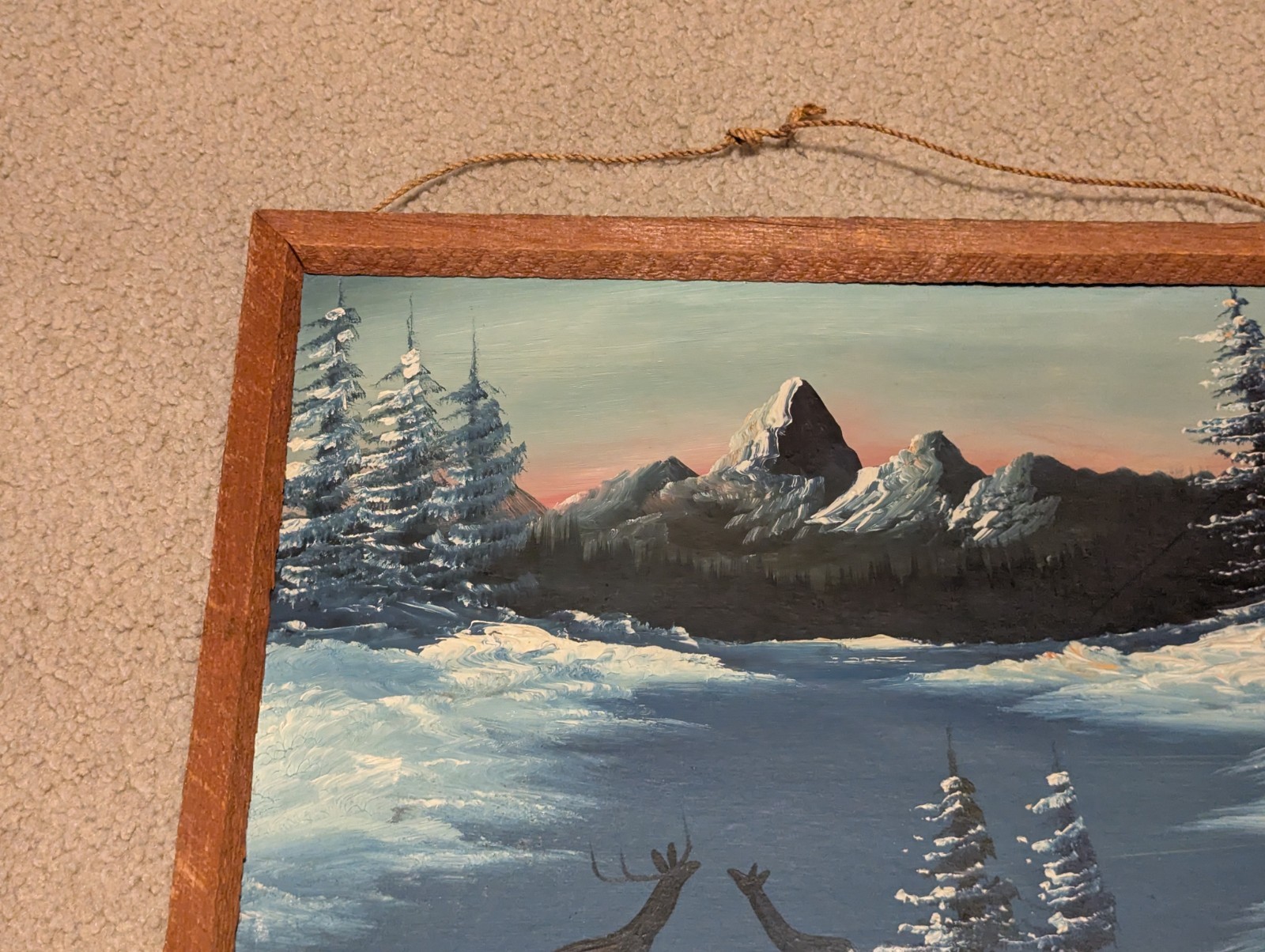 Vtg Primitive Rustic Frame With Painting Deer Winter Scene On Frozen Pond