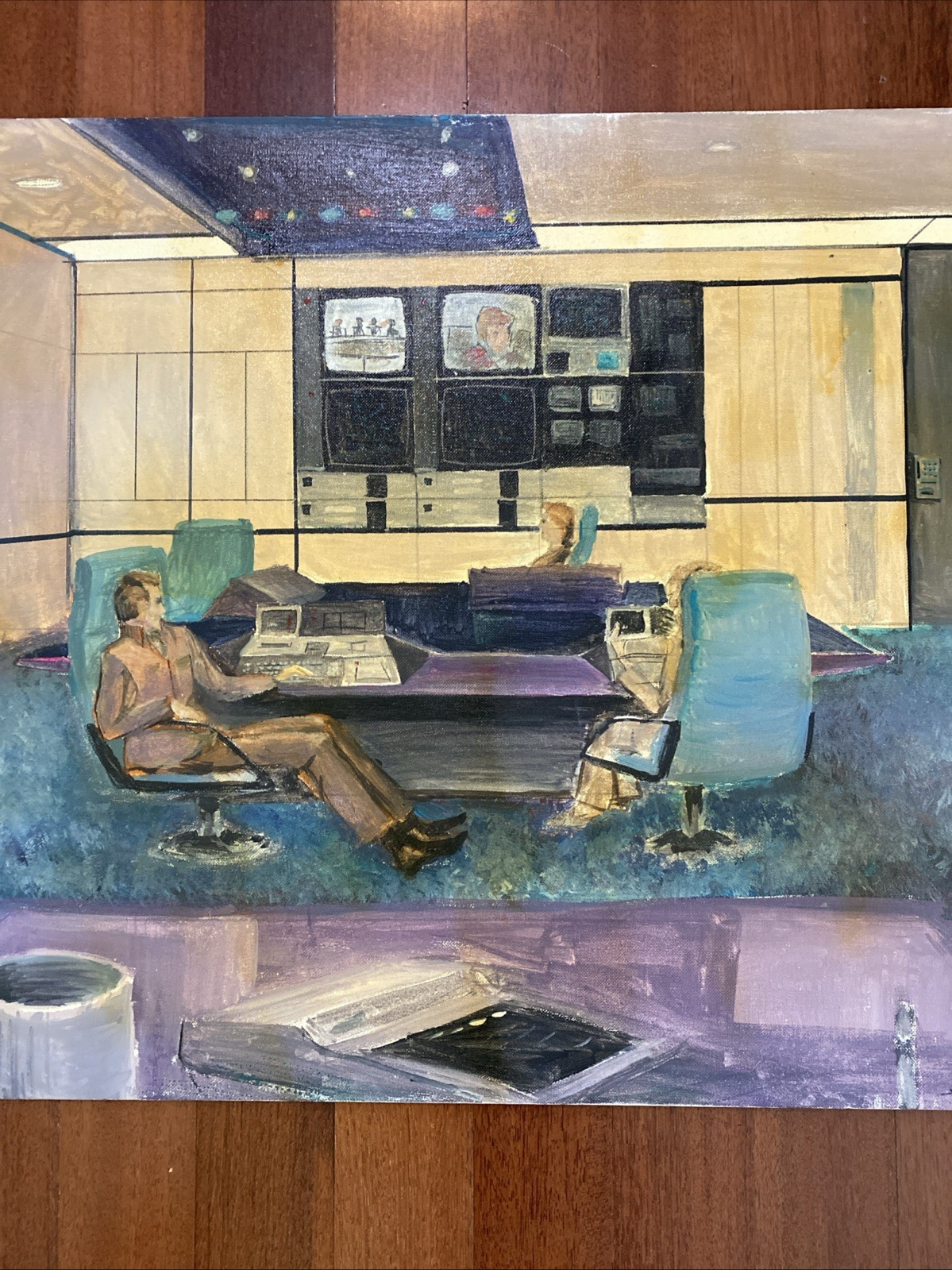 Original Vintage MCM inspired Command Center Technical Rendering Painting
