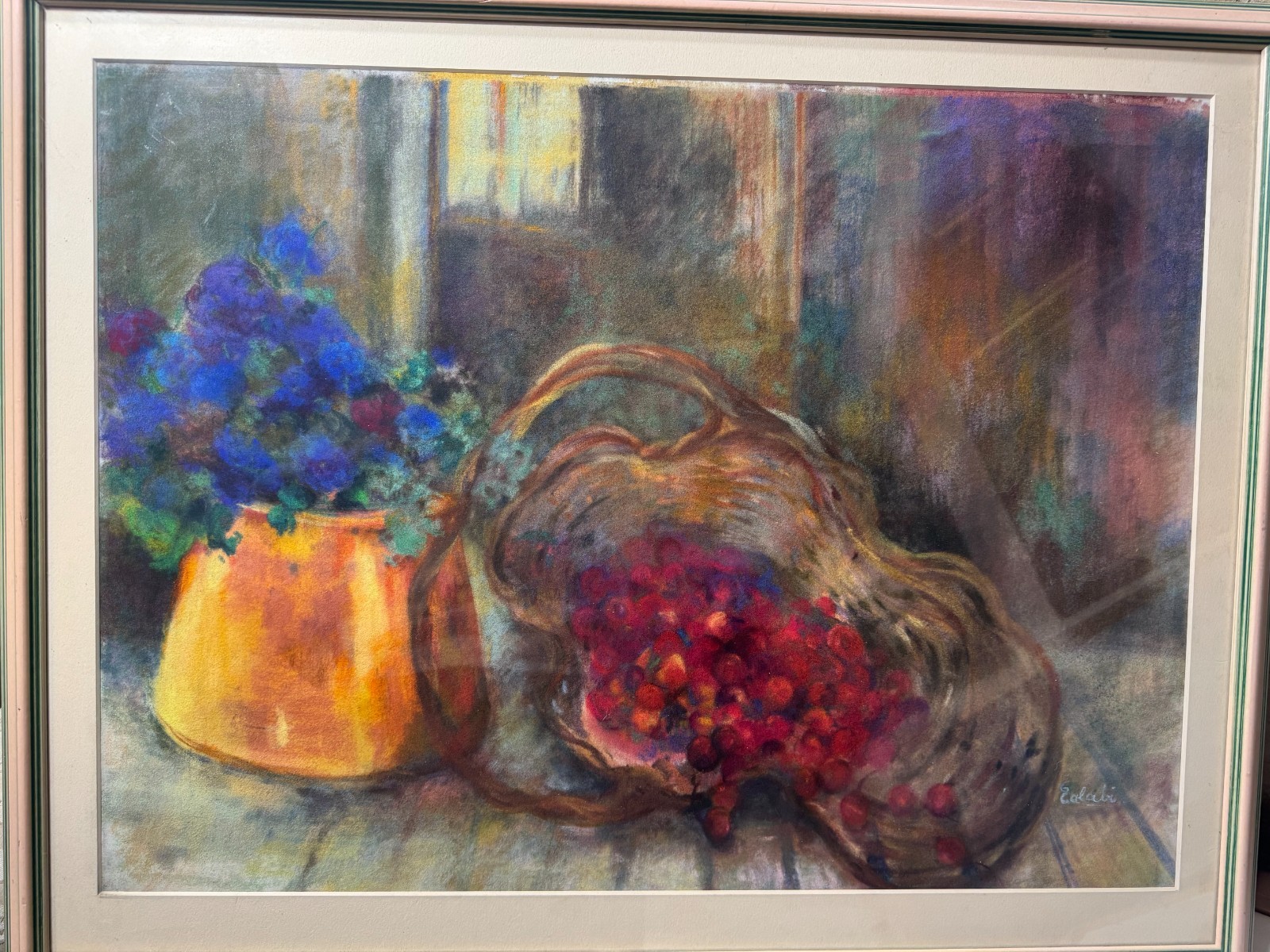 Large G Calabi «Tabletop Still Life Scene» Pastel Painting – Signed And Framed
