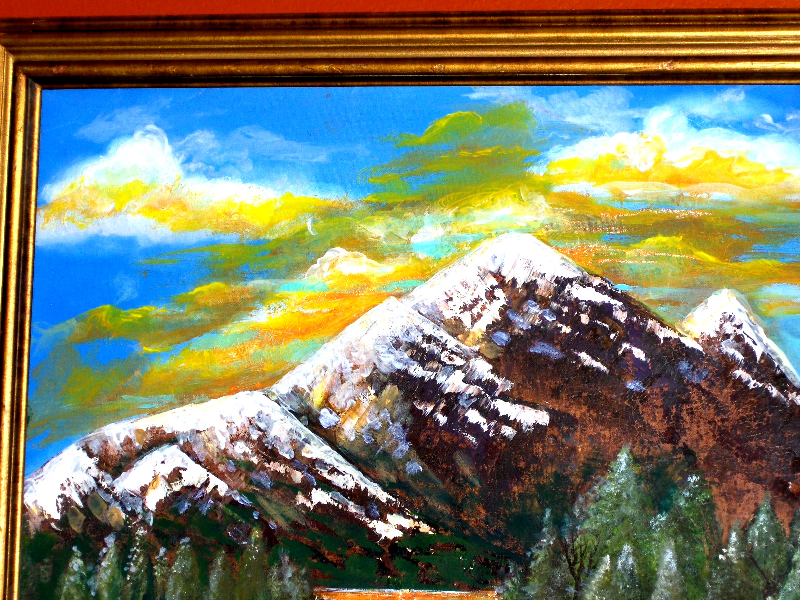 GORGEOUS ORIGINAL Mountain Snow Ice Landscape Green Tree Vintage Canvas Painting