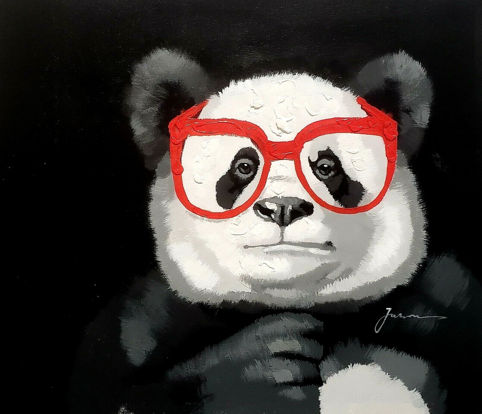 Panda with Red Glasses,, 20×24, Hand painted on Giclee Canvas,