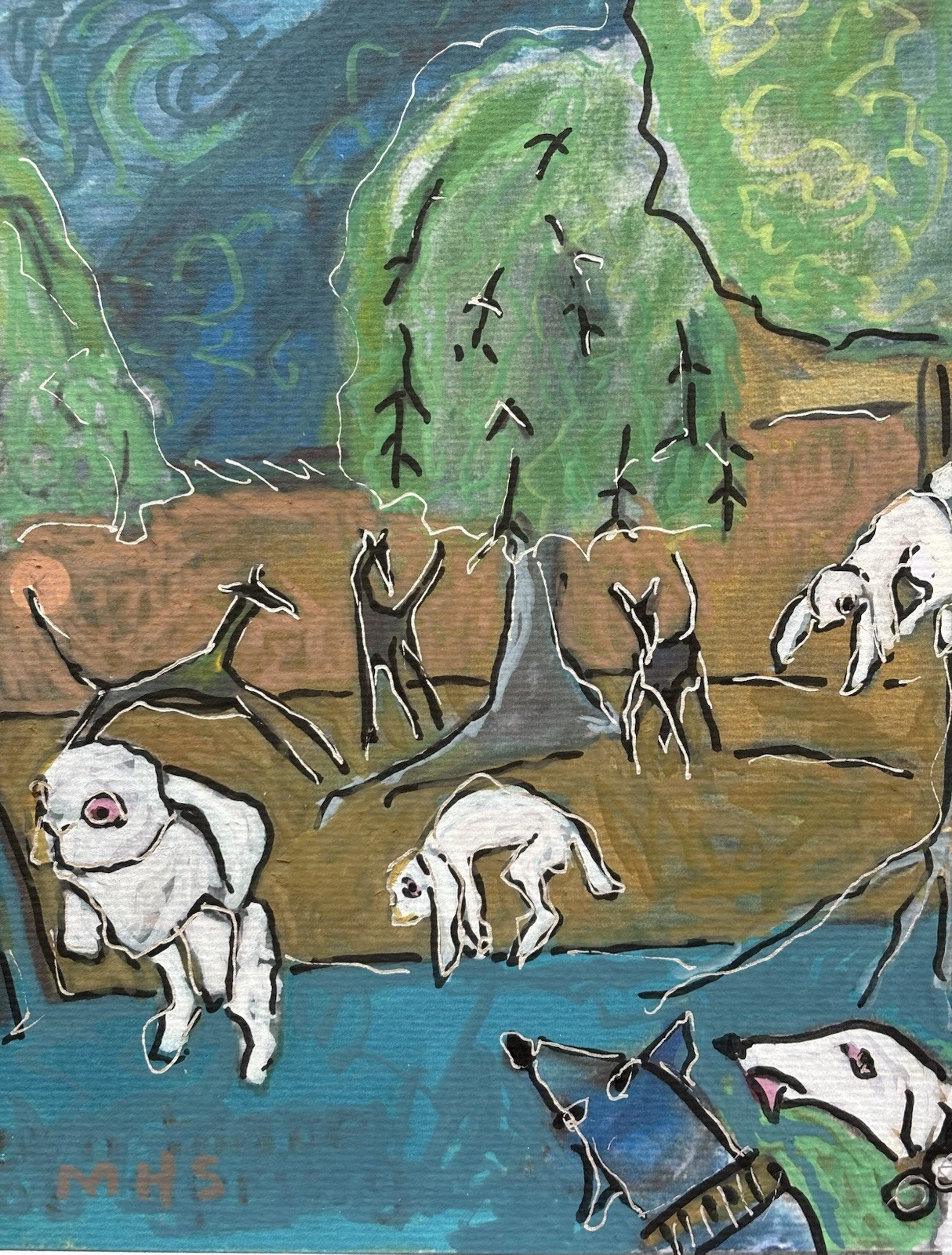 White Rabbits & GREYHOUND DAWGS ART Painting 10”x8” acrylic paper MaryHillier