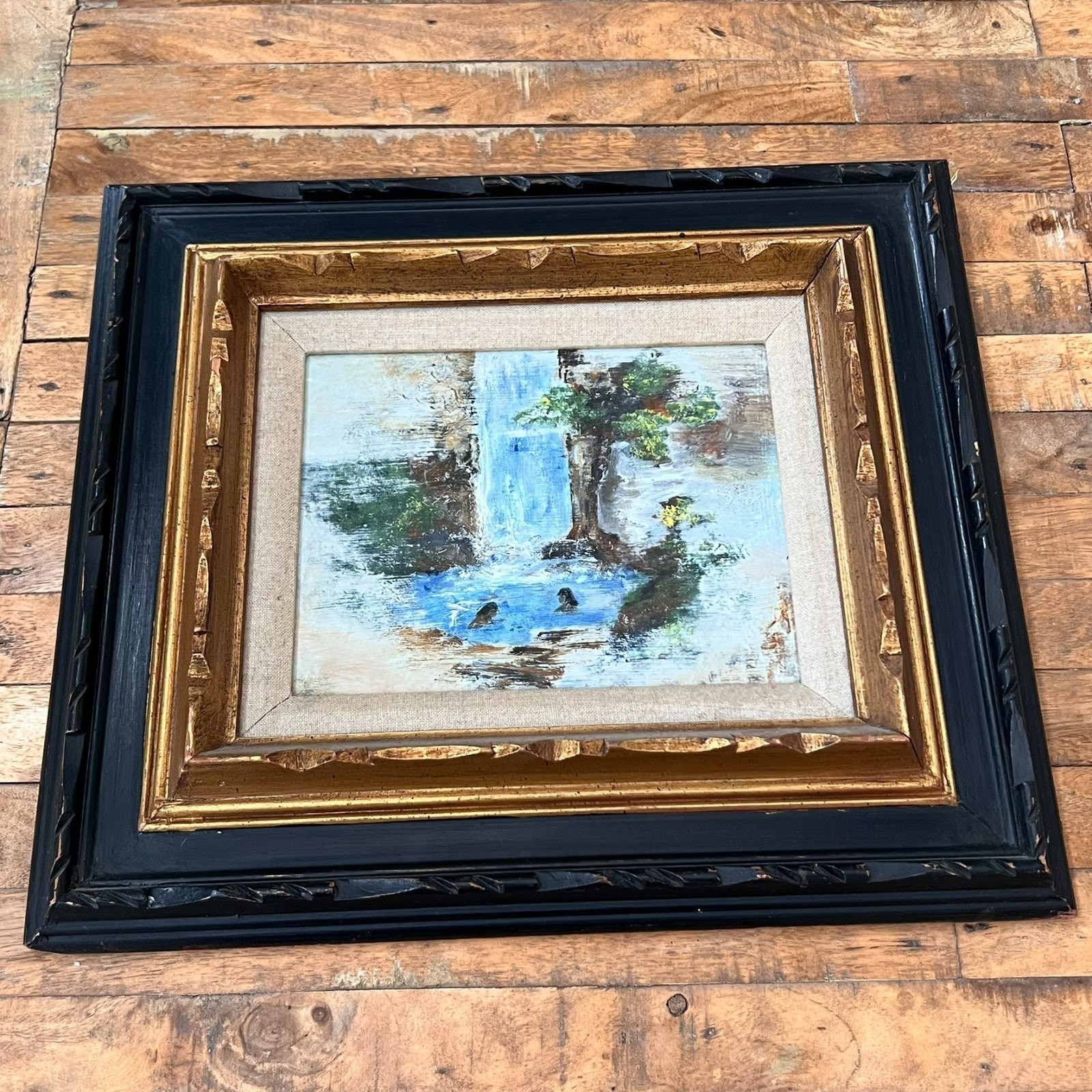 Vtg Wood Framed Oil Painting 18″ of Two People Swimming in Waterfall