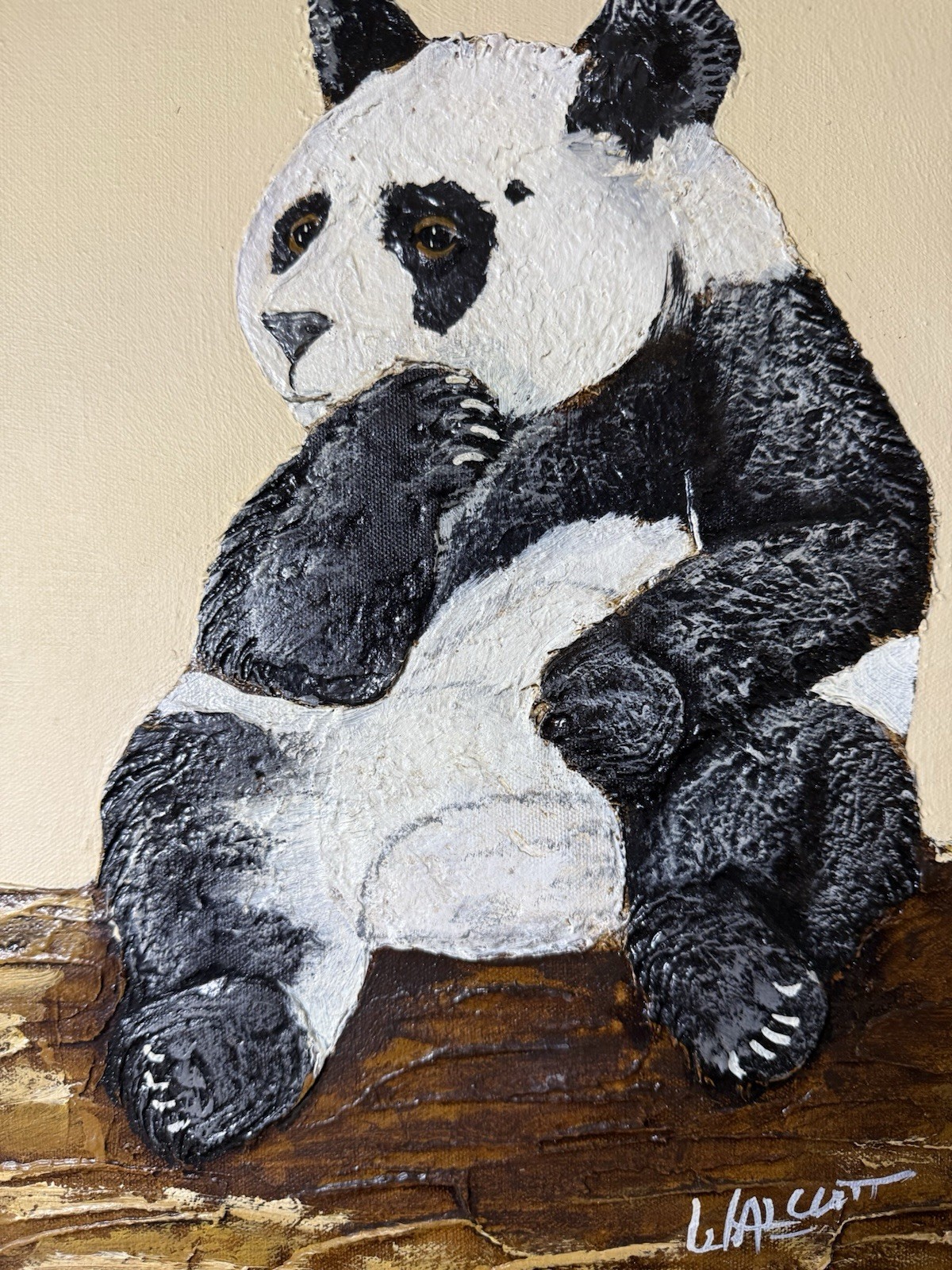 Vintage Original Signed Frank Walcutt Panda Dimensional Oil Painting w/ COA