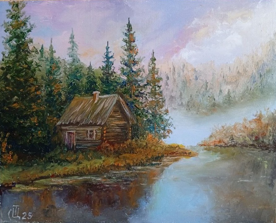 Painting «The Forester’s House.» Oil on hardboard. 8×10 inc. Handmade. 2025.