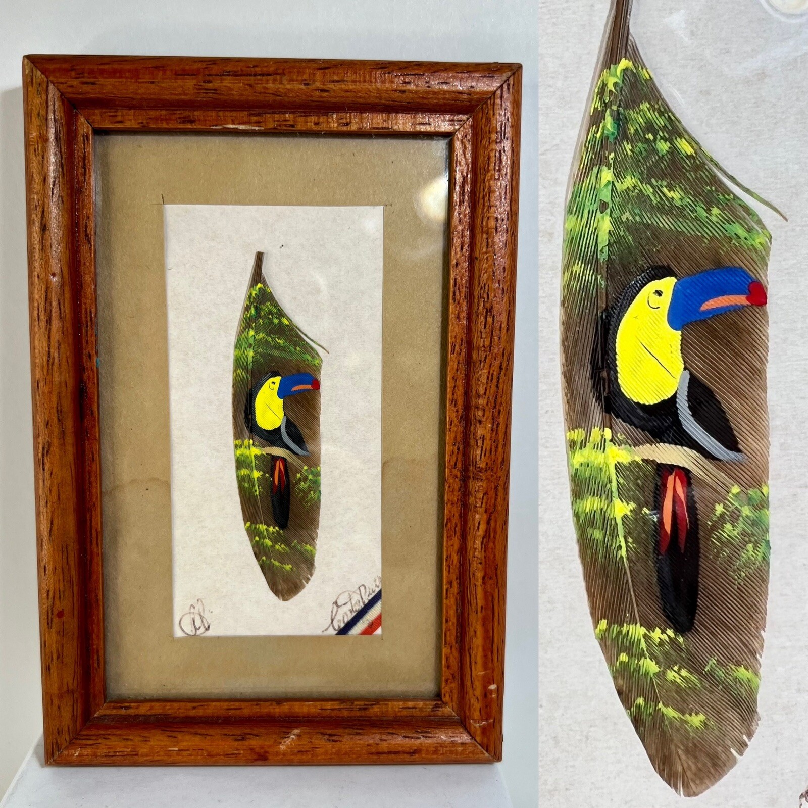 Vintage Hand Painted Toucan On Feather Signed Vista Rico Wood Framed 4”x 6”