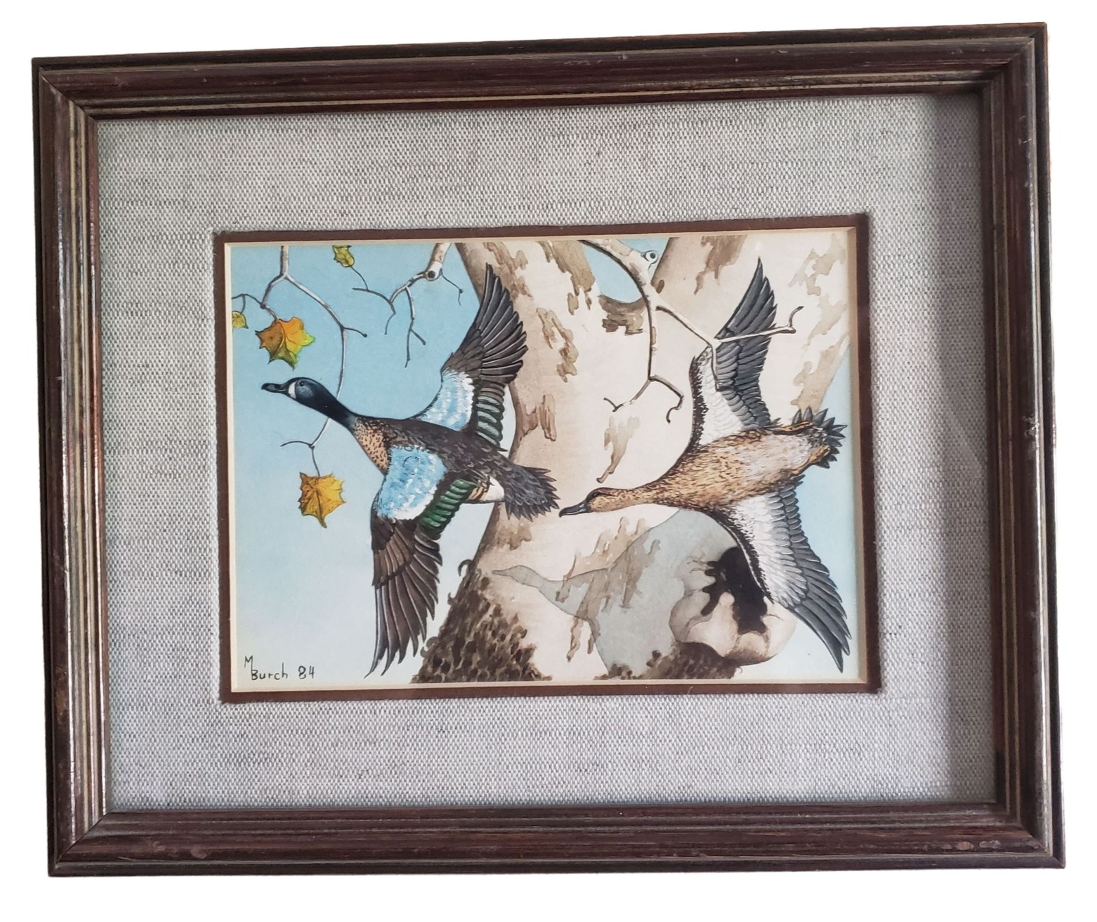 Vintage Duck Birds Flying Watercolor Painting Signed M Burch 84