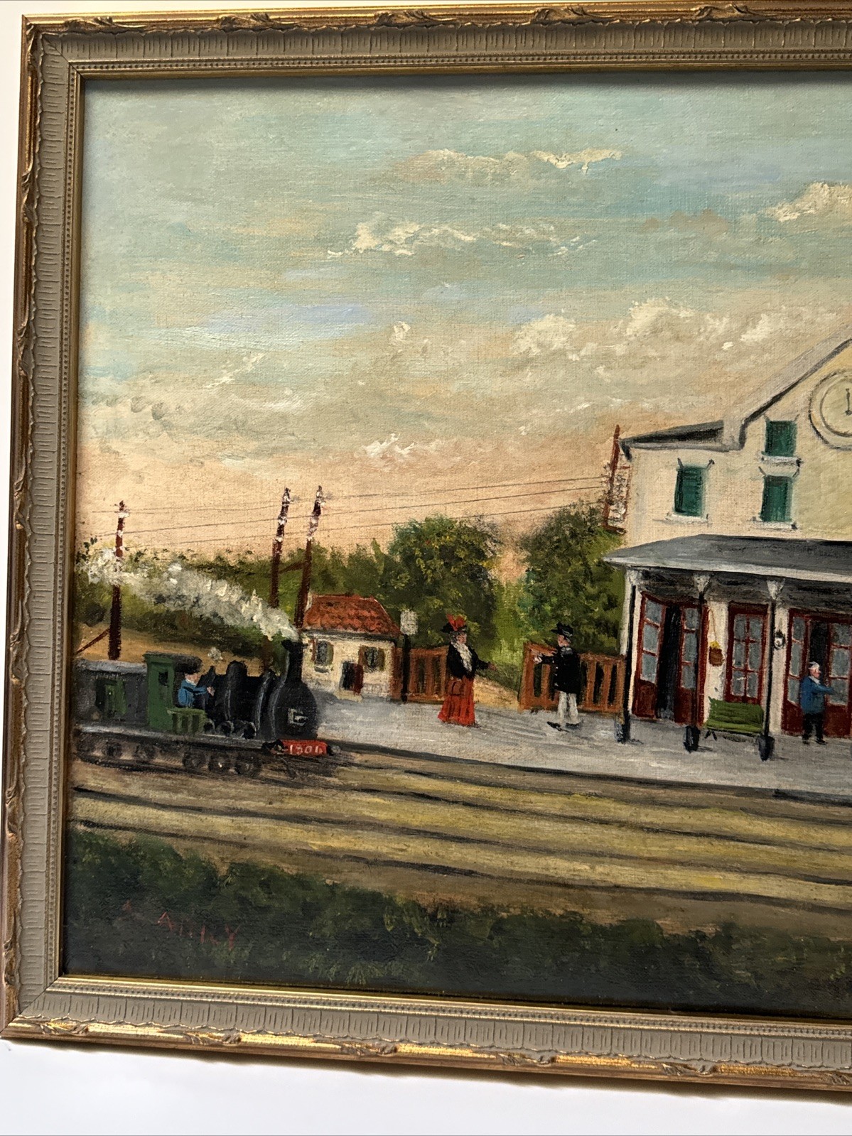 Antique Train Station Painting Railroad People Folk Naive Primitive Signed Oil