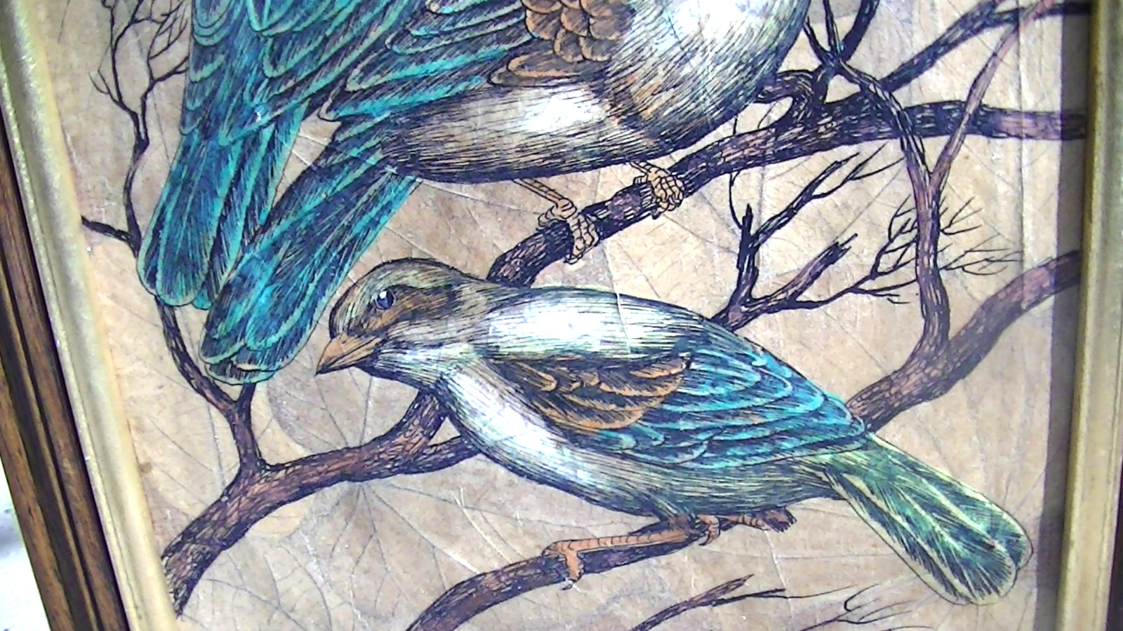 Vintage Art Piece by LERT 10″X 25″ 5 Birds Masonite leaf surface