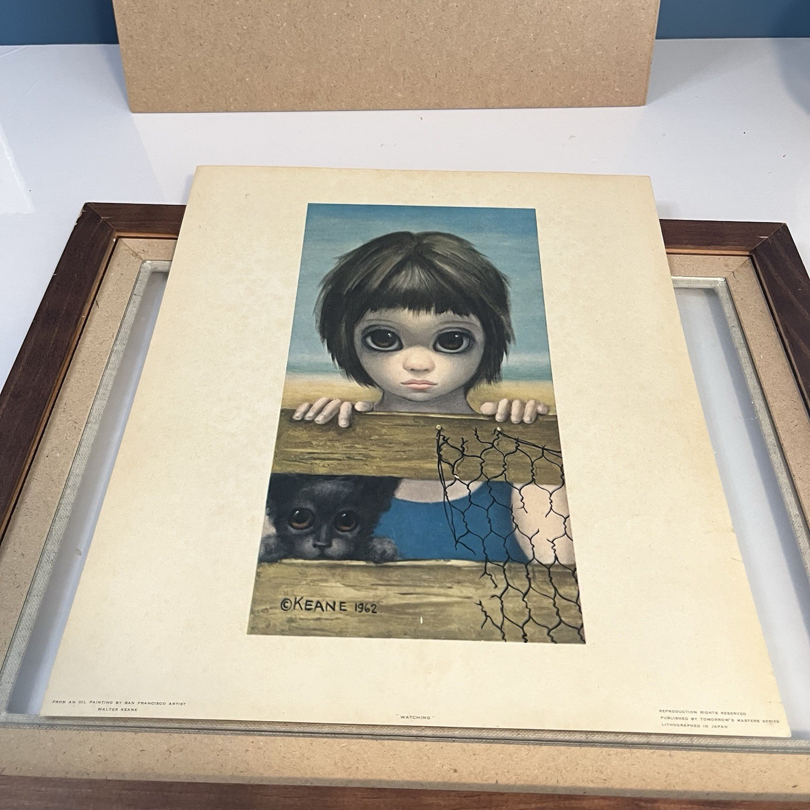 Keane “Watching” 1962 Signed Lithograph Child & Dog 14.5×17.75” Framed Vintage