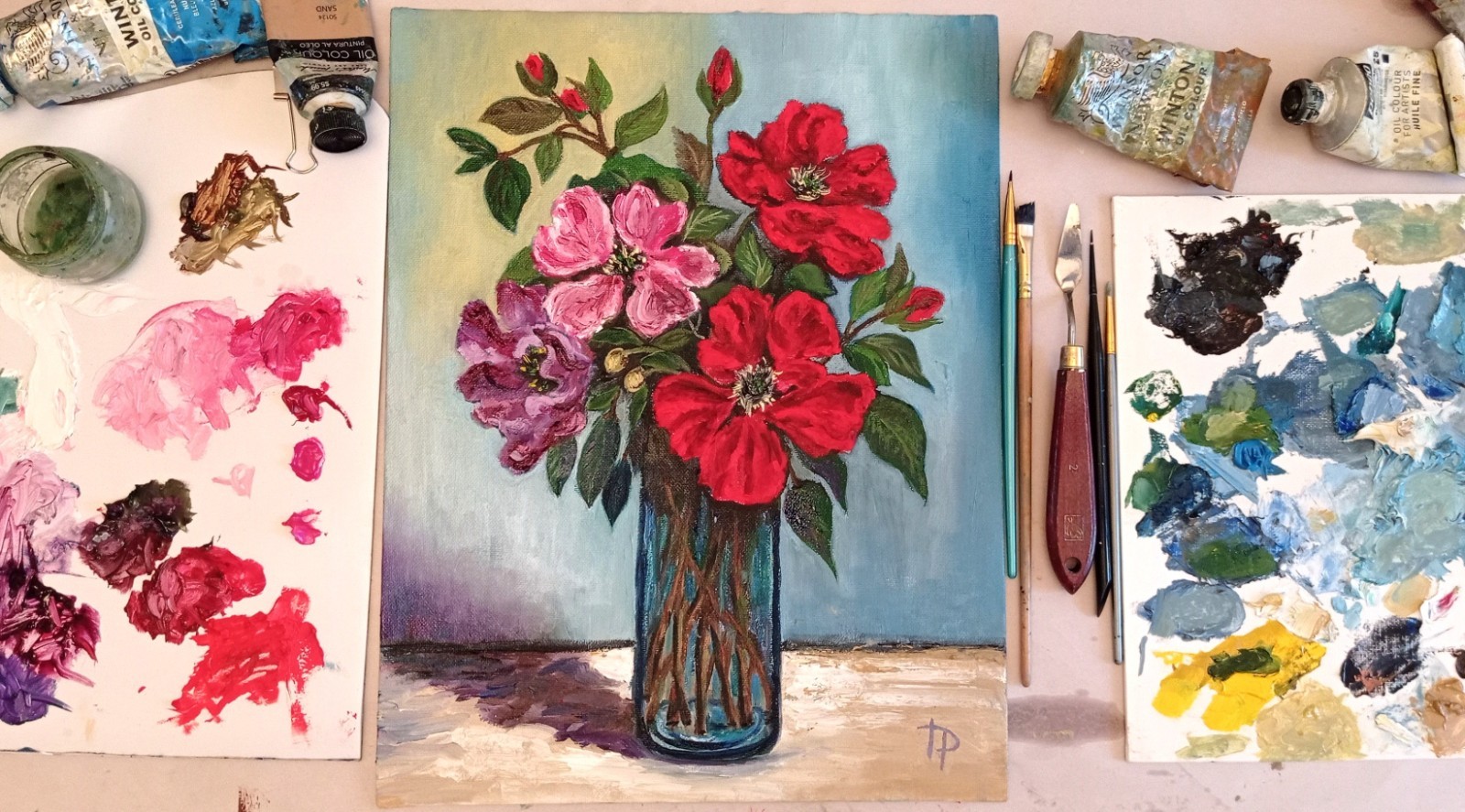 Colorful Floral Artwork Red and Purple Flowers Paintin Original Oil Art 11×14 in