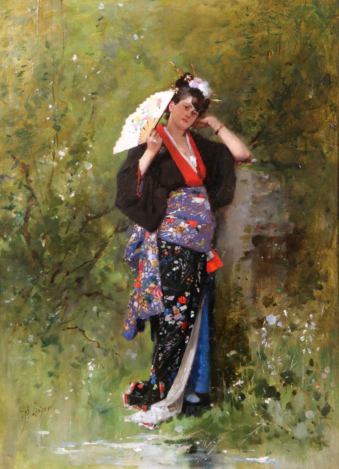 Antique Painting Philippe Linder Woman Japan Garden Flowers Kimono Japonisme