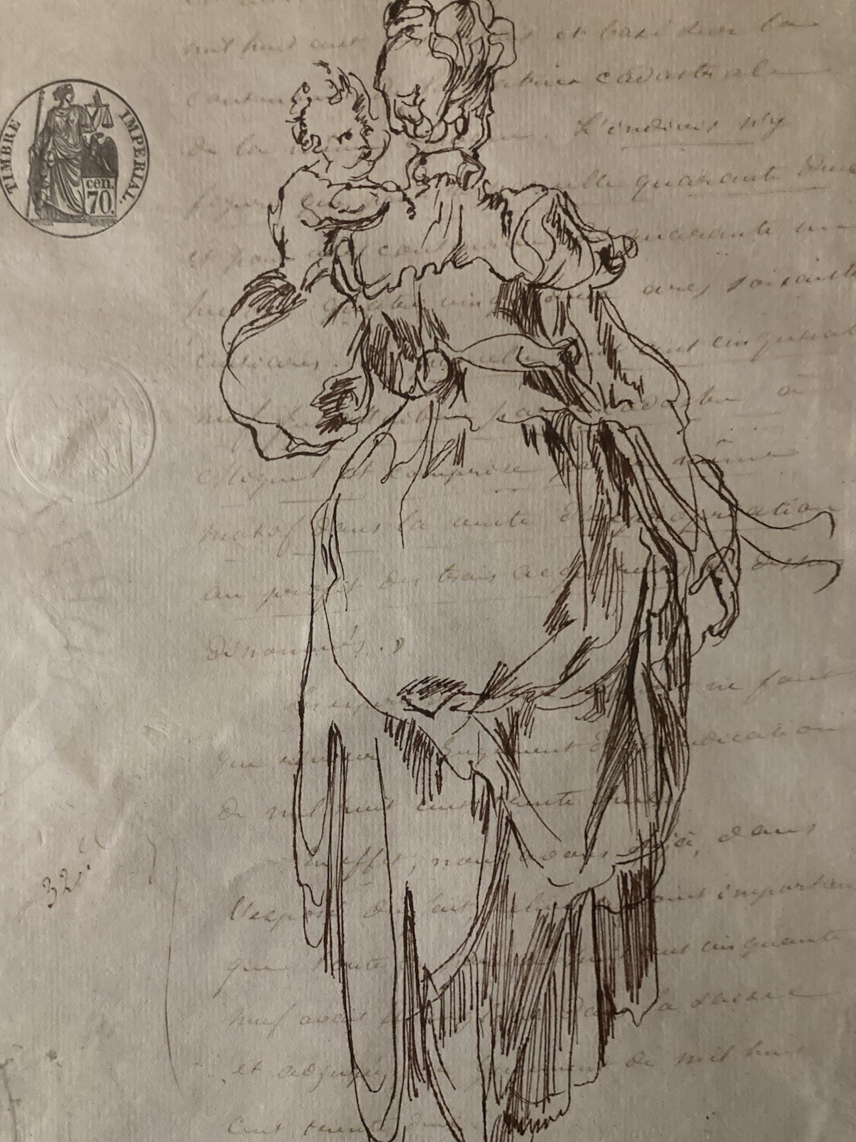 Beautiful Large Drawing Ink Woman Italy Xixth Portrait 1880 Copy Jaques Bellange