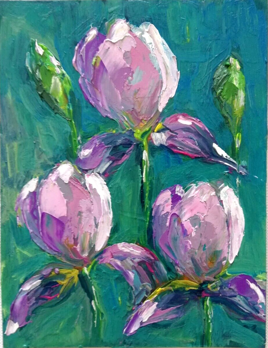 Purple Iris Flowers Abstract Oil Painting. Without frame.19×15 cm
