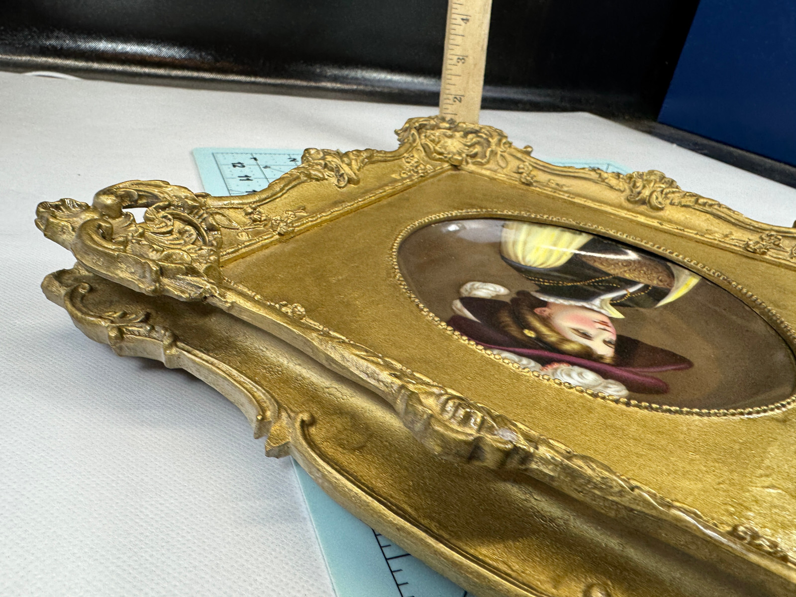 Hand Painted Porcelain Portrait Plaque in Ornate Gold Wood Frame