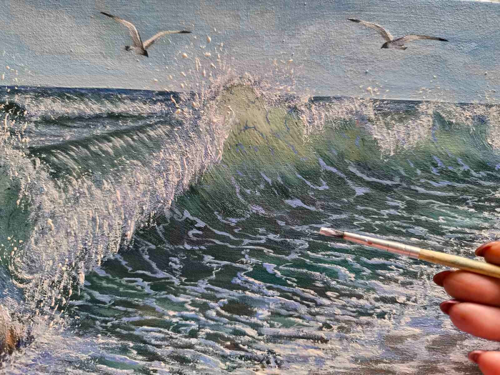 TEXTURED IMPASTO OIL Original Art Painting BERDS WAVES SKY Landscape Seascape A4