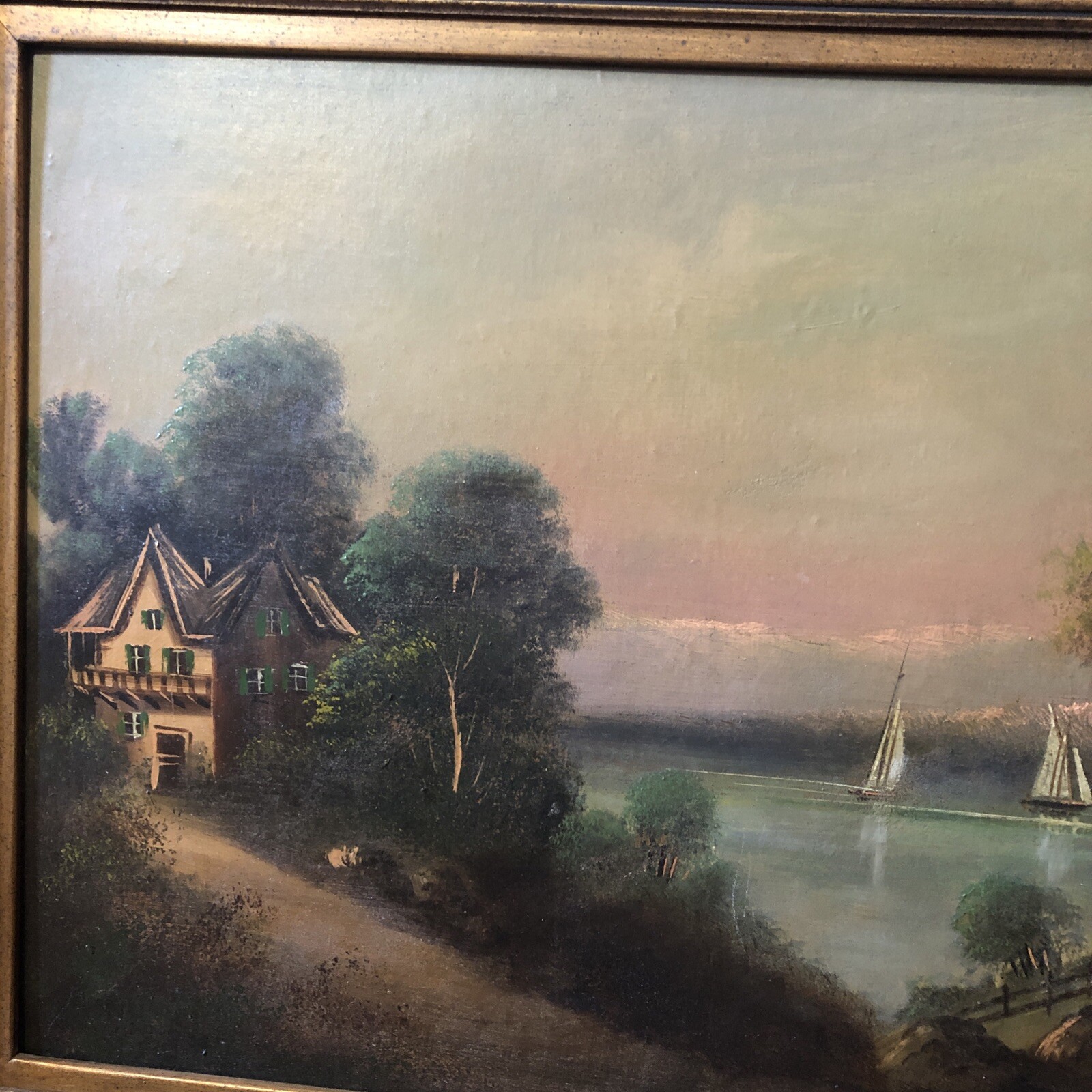 Mid Century Oil On Masonite Country Lake Painting 24“ X 40“￼