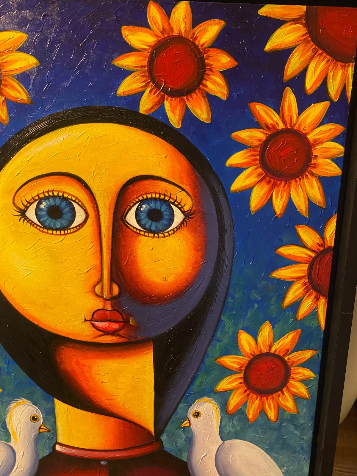 Monumental «Two Doves, Figure And Sunflowers Scene» Oil Painting – Signed/Framed