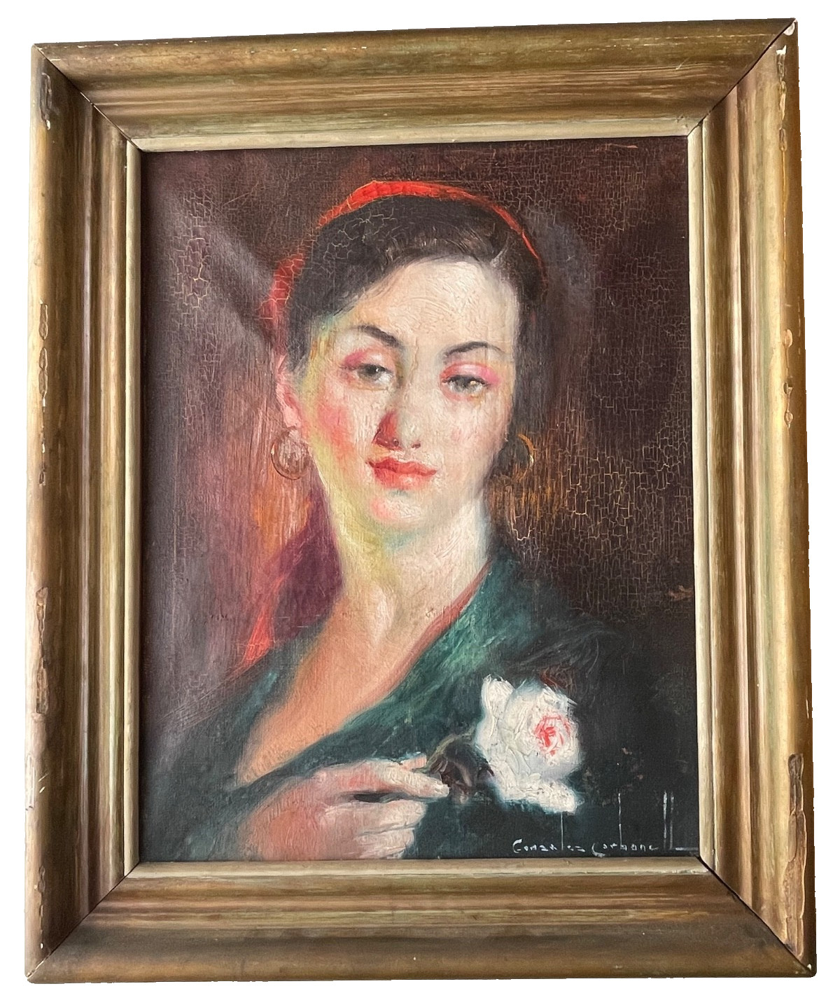 Gonzalez Carbonell Signed Spanish Modernist Oil Painting Portrait Lady Rose