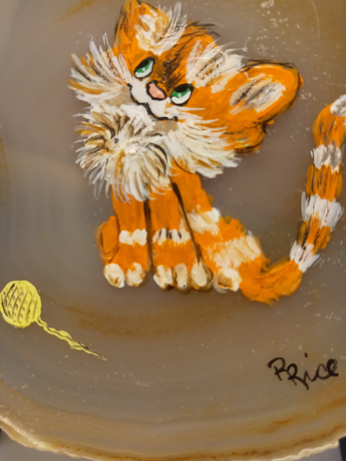 Hand Painted Striped Orange Ginger Cat On Agate Slice Painting Signed Ruby Rice