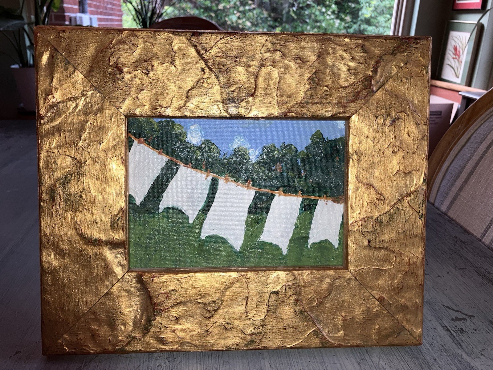 Original Signed oil painting7 x 5 in Gold Frame 91/2 x 11 1/2 Laundry Out to Dry