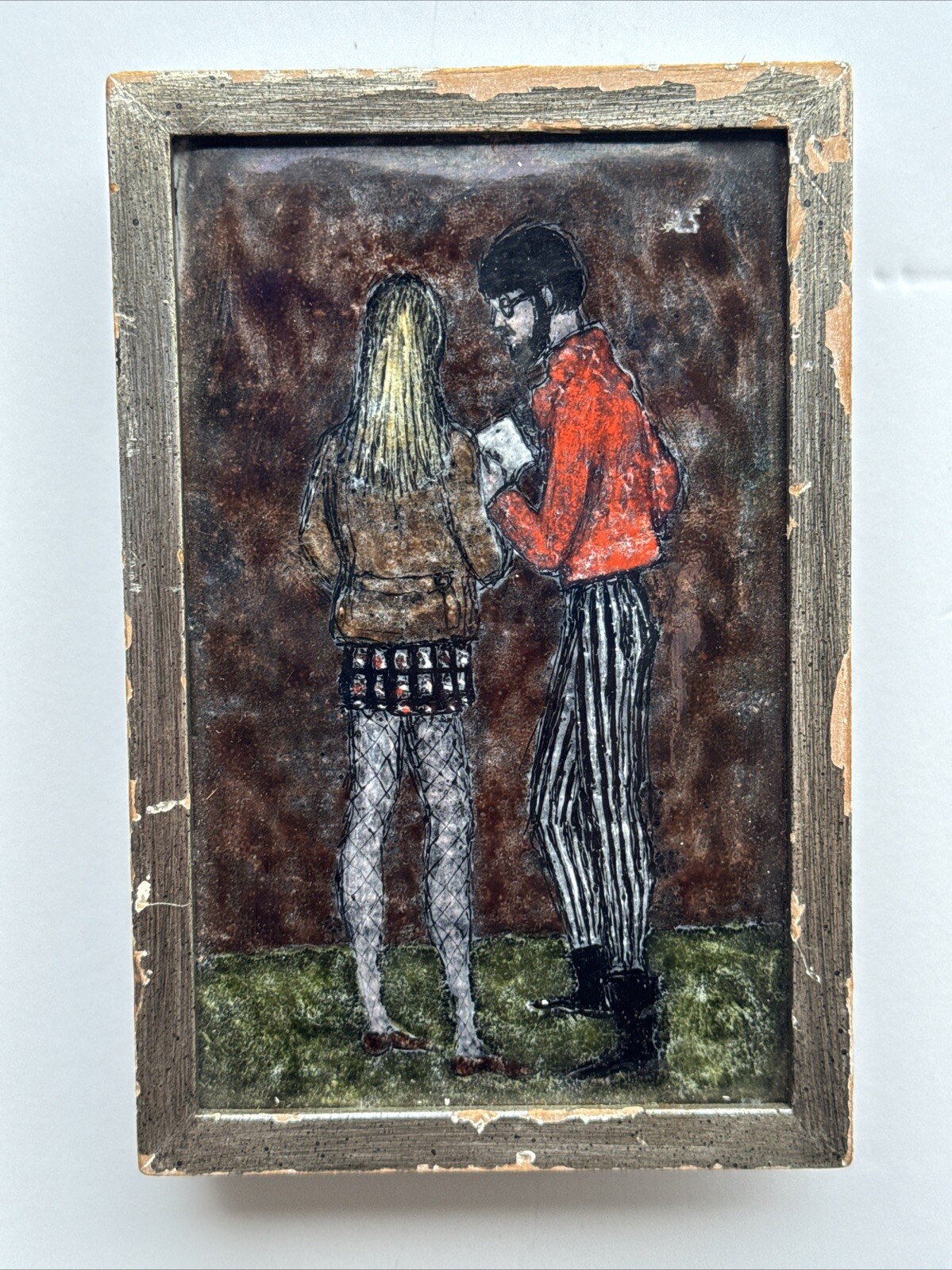 MID CENTURY ENAMEL PAINTING ON COPPER BEATNIK PORTRAIT 1950’S TO 1960’S SIGNED
