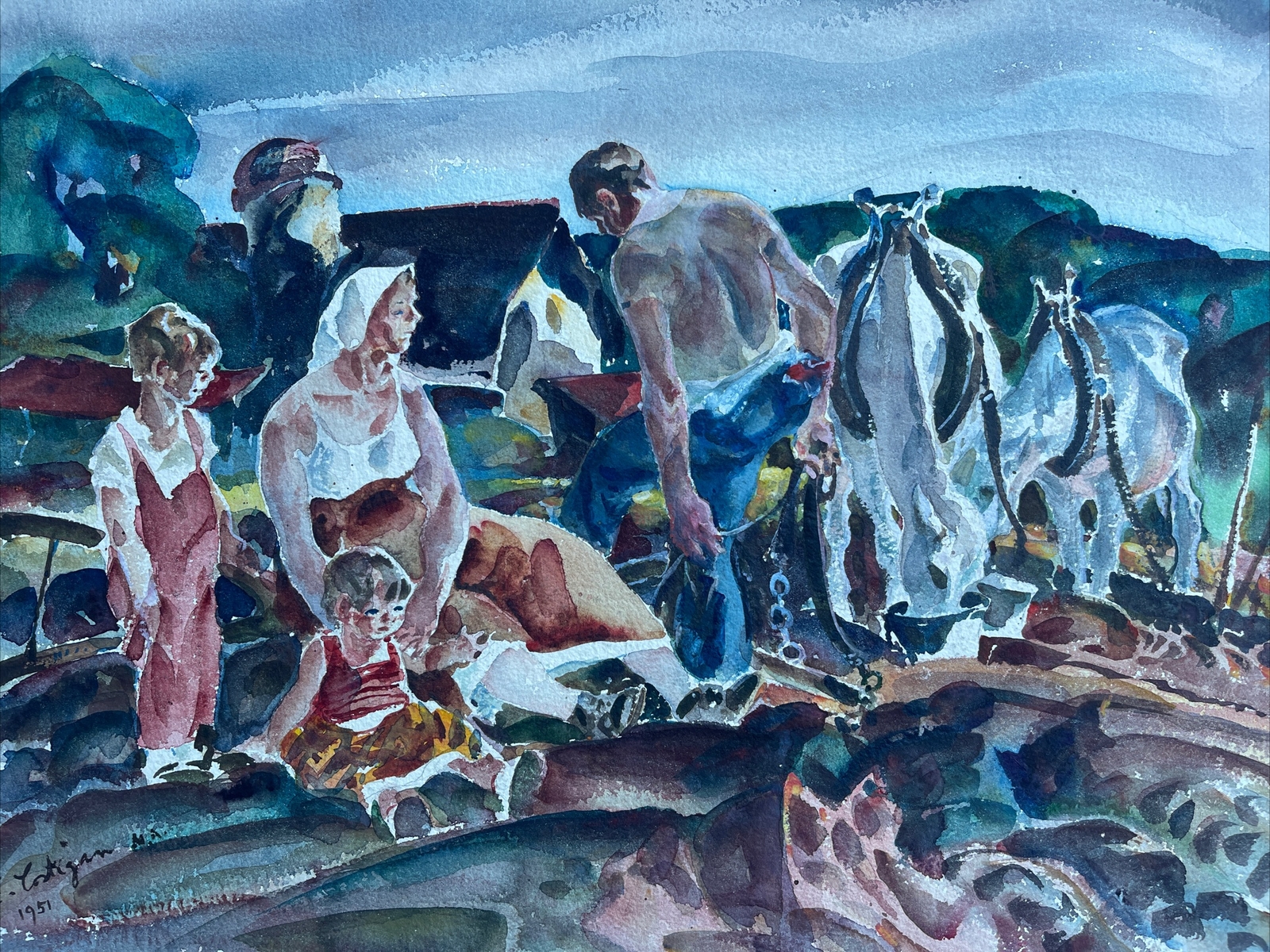 Antique Wpa Painting Farmer Family John Costigan Listed Famous American Fields