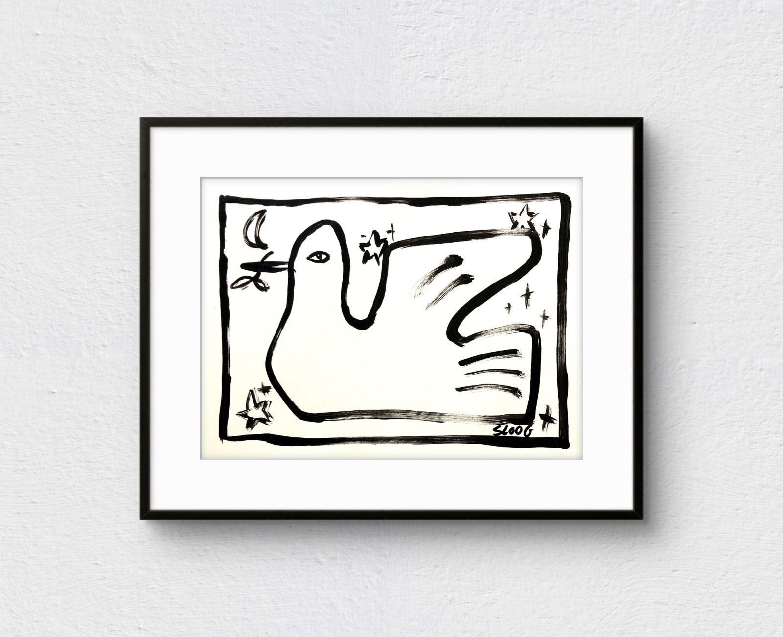 SLOOG Original Art Unique Expressionism Wall Art on Paper 9×12 Peace Dove B&W