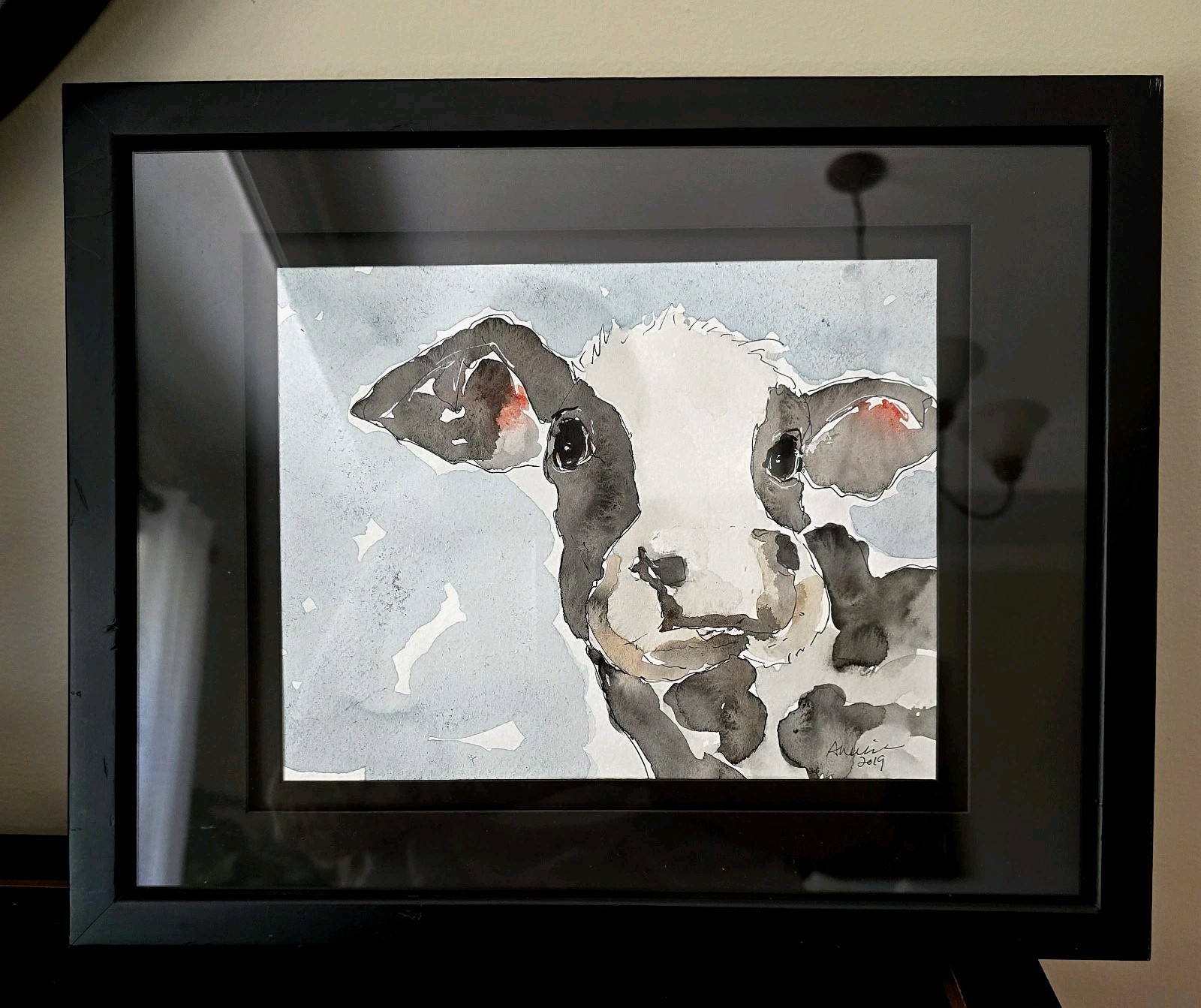 Watercolor & Pen Painting Holstein Cow Artist Signed Double Matted Framed 15×12
