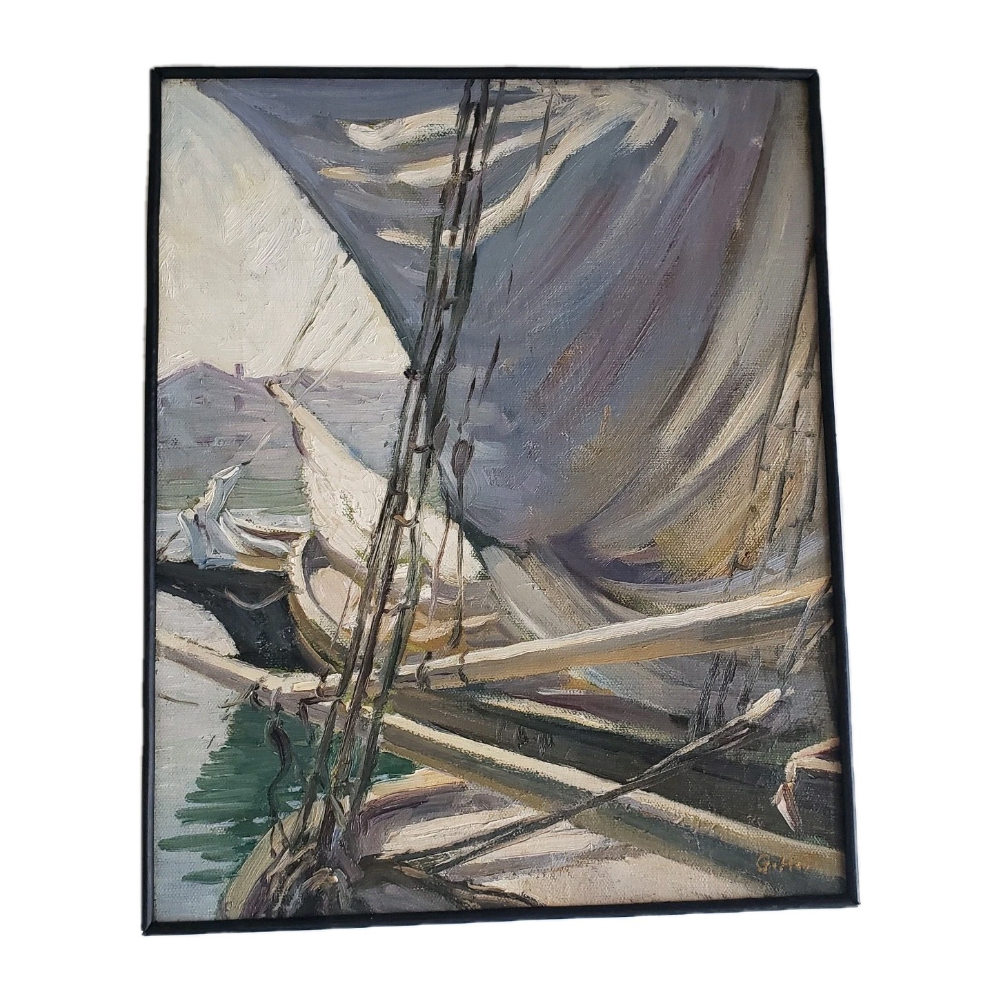 VTG MCM Maritime Oil Painting Monogram G.H.T. Heavy Impasto Sails Harbor 12″x15″