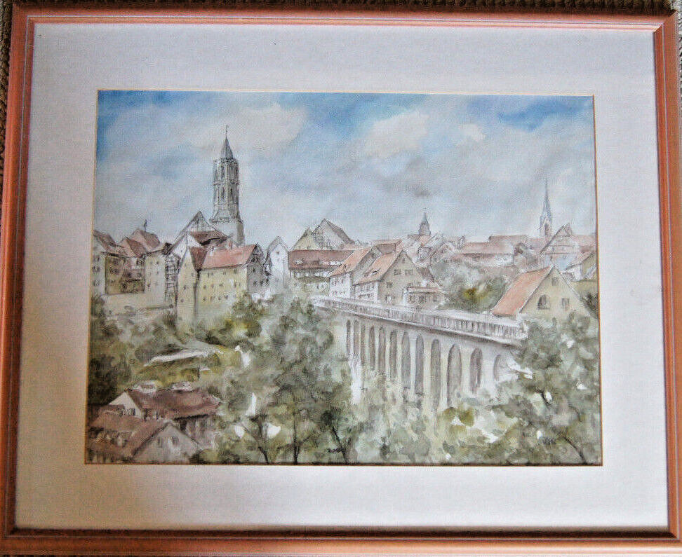 Watercolor Sign.W.Rahn Cityscape with Bridge and Church Tower Vintage Rottweil