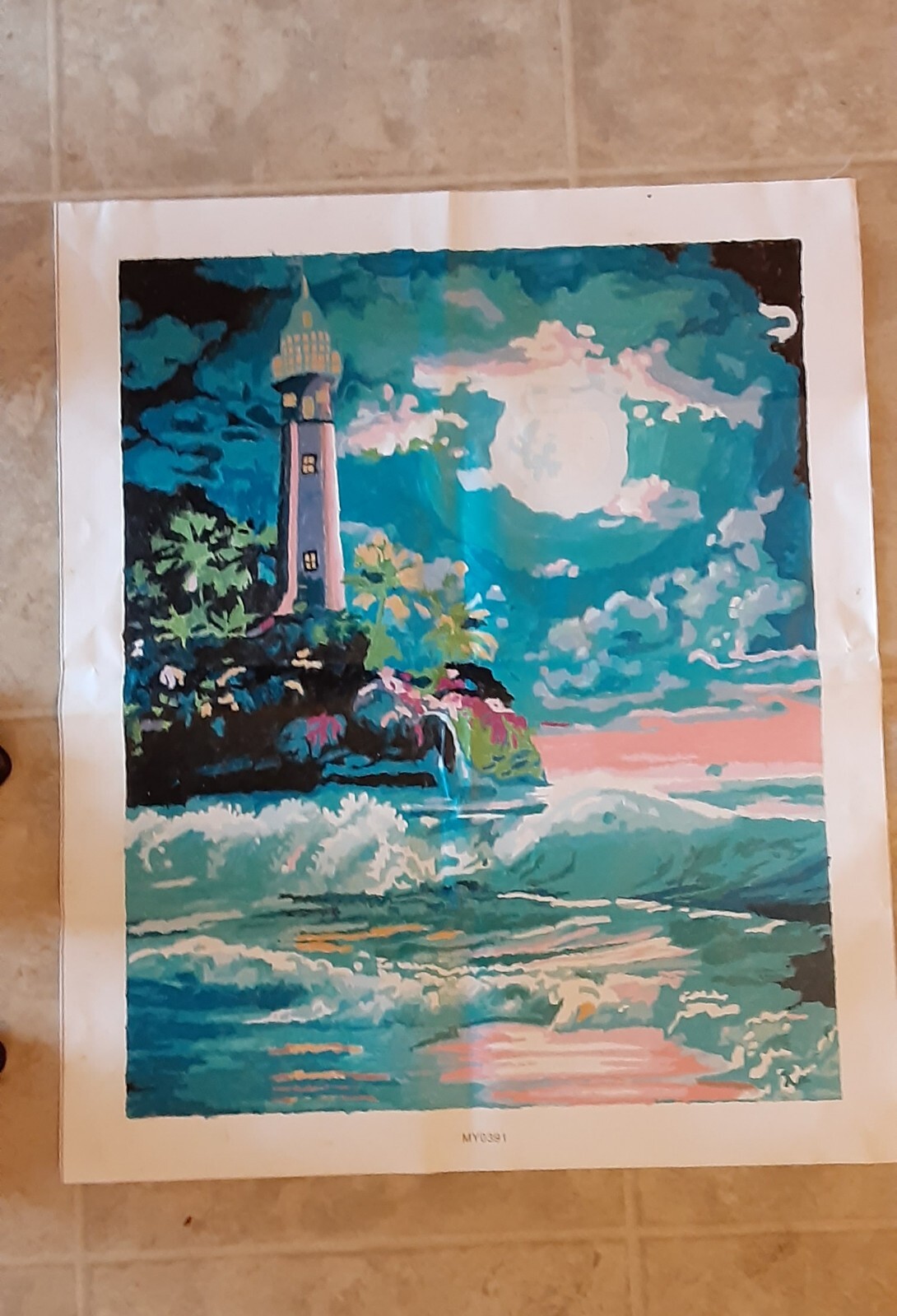 Lighthouse Hand Painted By Number Painting on Canvas Completed Unframed 16 x 20