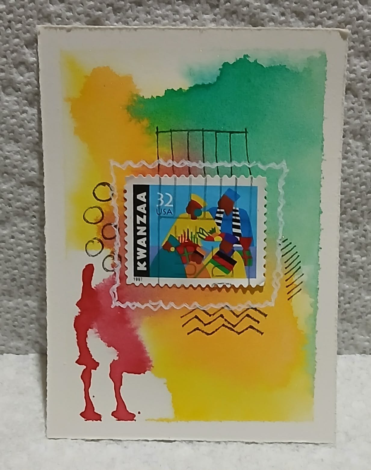Kwanzaa 32¢ Stamp Postal Whimsy OOAK ACEO Art Card by Virginia Watercolor